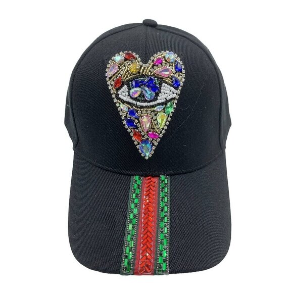 Evil Eye Heart Striped Rhinestone Cap - Picture 1 of 8